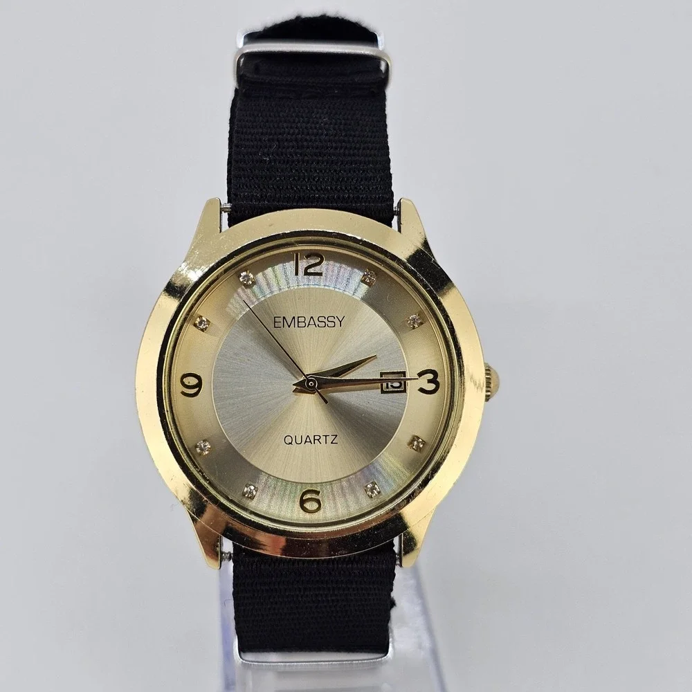 Embassy Men's Analog Watch 38MM Gold Dial Date NEW Black Canvas Band NEW Battery